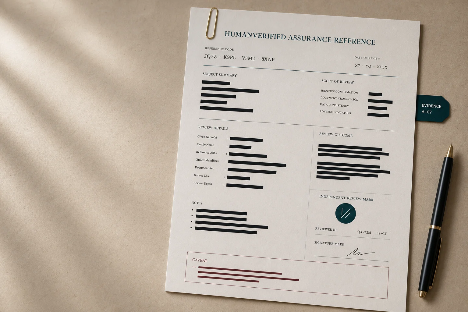A fictional assurance reference with personal details visibly redacted